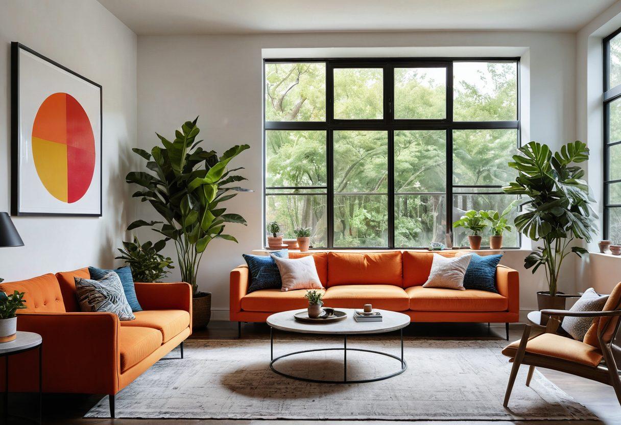 A beautifully curated interior space that juxtaposes eclectic and minimalist design elements. Showcase a cozy living room featuring a stylish mix of vibrant furnishings, unique artwork on the walls, and a minimalist coffee table. Include natural light pouring through large windows, highlighting the harmony between color and simplicity. Add a touch of greenery with potted plants to bring life to the scene. super-realistic. vibrant colors. warm lighting.
