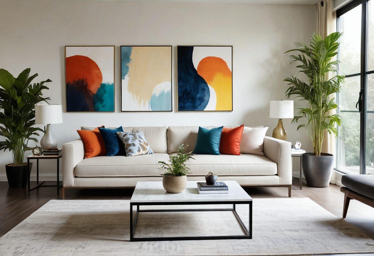 A stylish living room showcasing contemporary furniture, featuring a sleek sofa, modern coffee table, and abstract art on the walls. Incorporate indoor plants for a fresh touch, with large windows allowing natural light to pour in. The color palette should be a mix of neutral tones and vibrant accents. Emphasize a harmonious and inviting atmosphere. super-realistic. vibrant colors. natural lighting.